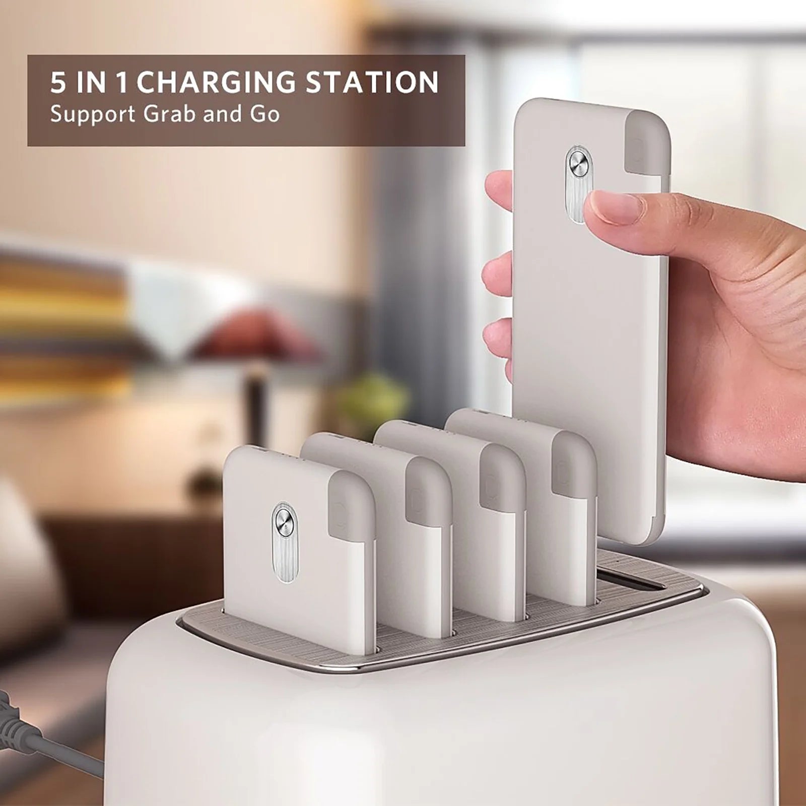 Wireless Charging Station with 5PCS Power Bank, 10000Mah Portable Charger with Built in Cable Compatible with Iphone/Samsung/Android for Home, Office, Bar, Restaurant (White)
