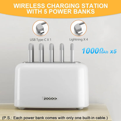 Wireless Charging Station with 5PCS Power Bank, 10000Mah Portable Charger with Built in Cable Compatible with Iphone/Samsung/Android for Home, Office, Bar, Restaurant (White)
