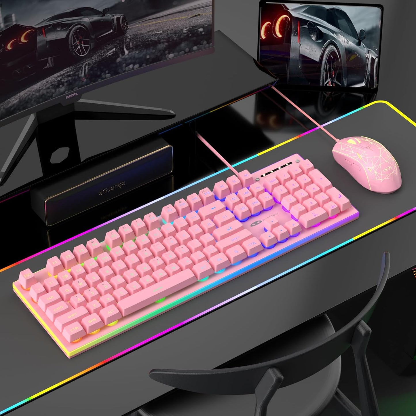 GT838 Gaming Keyboard and Mouse Combo, 104 Keys RGB Backlit Quiet Wired Keyboards for Laptop PC MAC, with Number Pad, Metal Panel, Anti-Ghosting, Pink