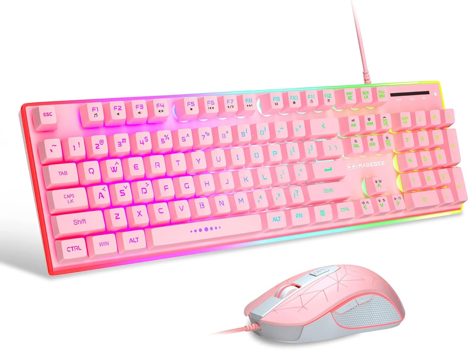 GT838 Gaming Keyboard and Mouse Combo, 104 Keys RGB Backlit Quiet Wired Keyboards for Laptop PC MAC, with Number Pad, Metal Panel, Anti-Ghosting, Pink