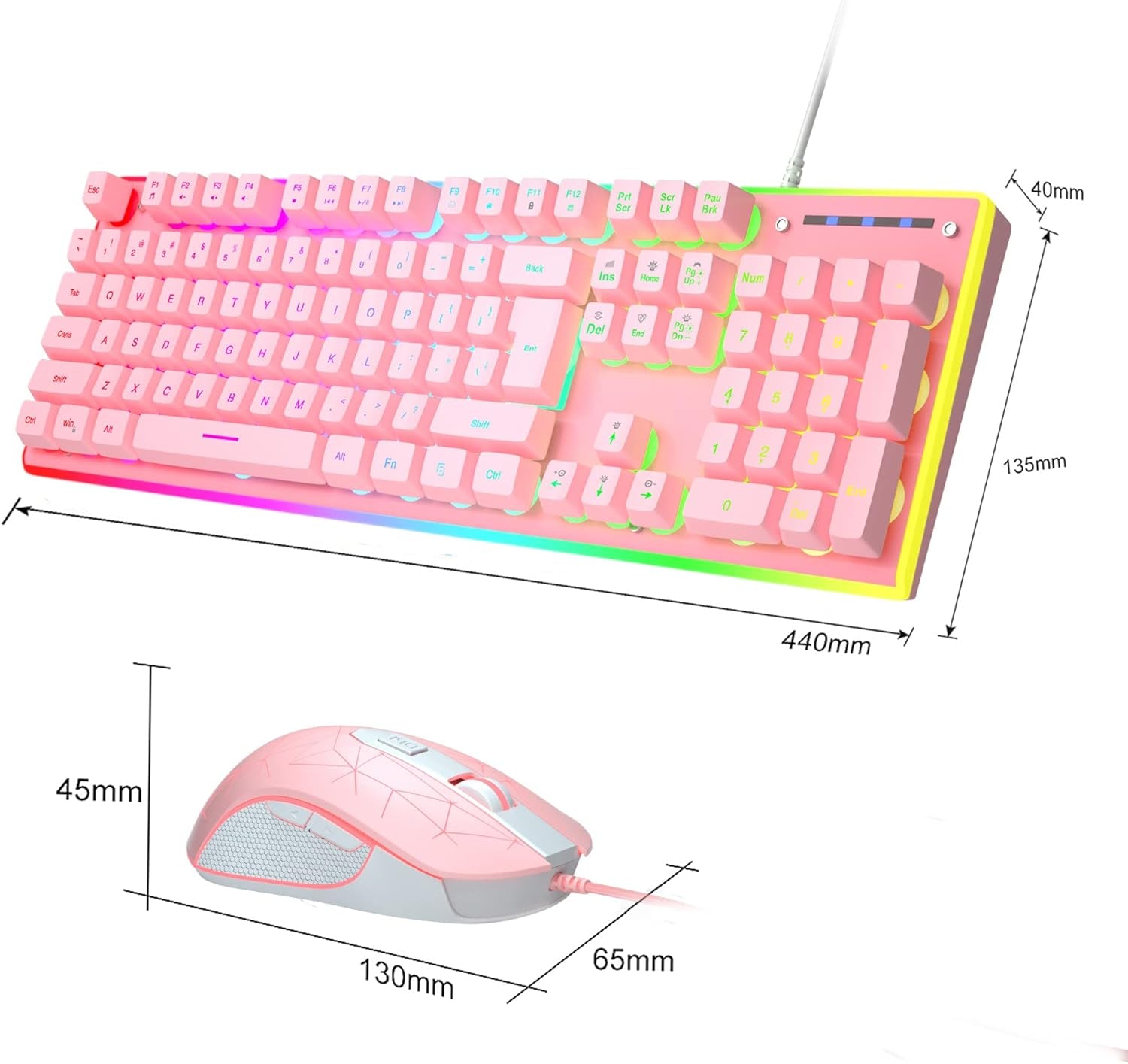 GT838 Gaming Keyboard and Mouse Combo, 104 Keys RGB Backlit Quiet Wired Keyboards for Laptop PC MAC, with Number Pad, Metal Panel, Anti-Ghosting, Pink