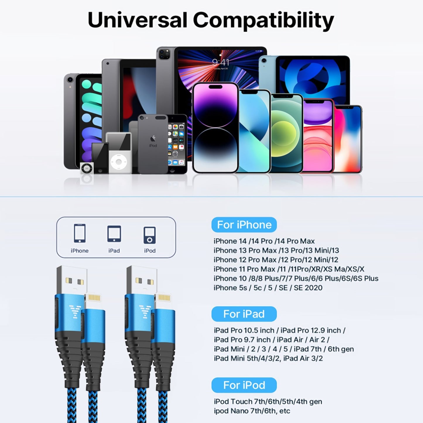 2 Pack Iphone Charger Cord 10Ft, Nylon Braided 3A Fast Charging Cable Compatible with Iphone 14/13/12/11, Blue