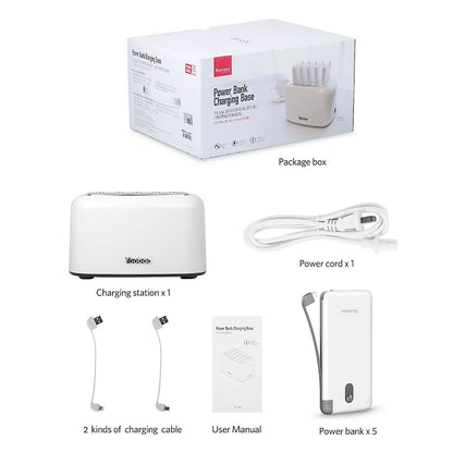 Wireless Charging Station with 5PCS Power Bank, 10000Mah Portable Charger with Built in Cable Compatible with Iphone/Samsung/Android for Home, Office, Bar, Restaurant (White)