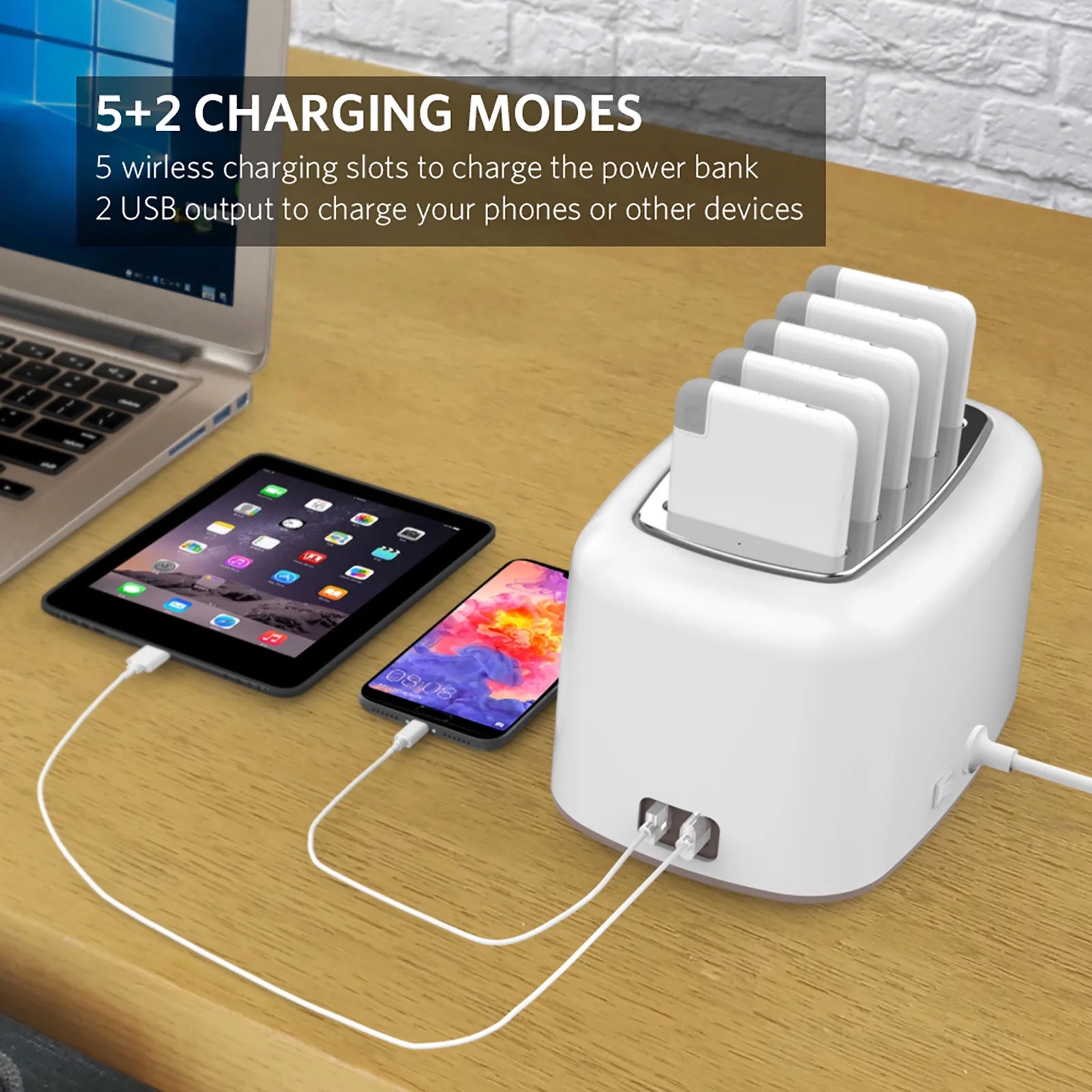 Wireless Charging Station with 5PCS Power Bank, 10000Mah Portable Charger with Built in Cable Compatible with Iphone/Samsung/Android for Home, Office, Bar, Restaurant (White)